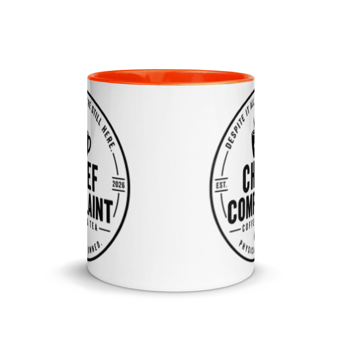 The Chief Complaint Mug, orange and white 11 oz two tone ceramic mug, front view, physician owned