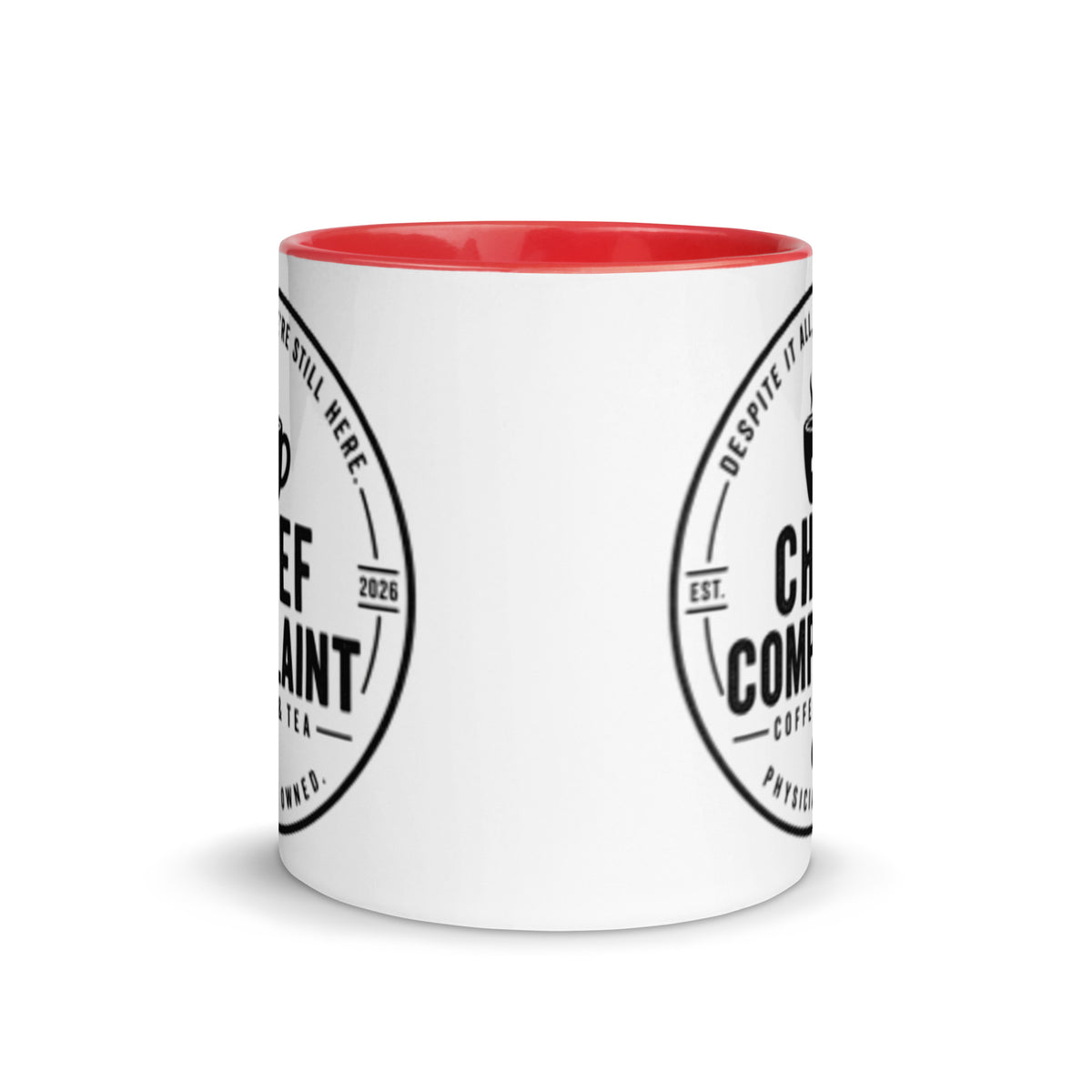 The Chief Complaint Mug, red and white 11 oz two tone ceramic mug, front view, physician owned