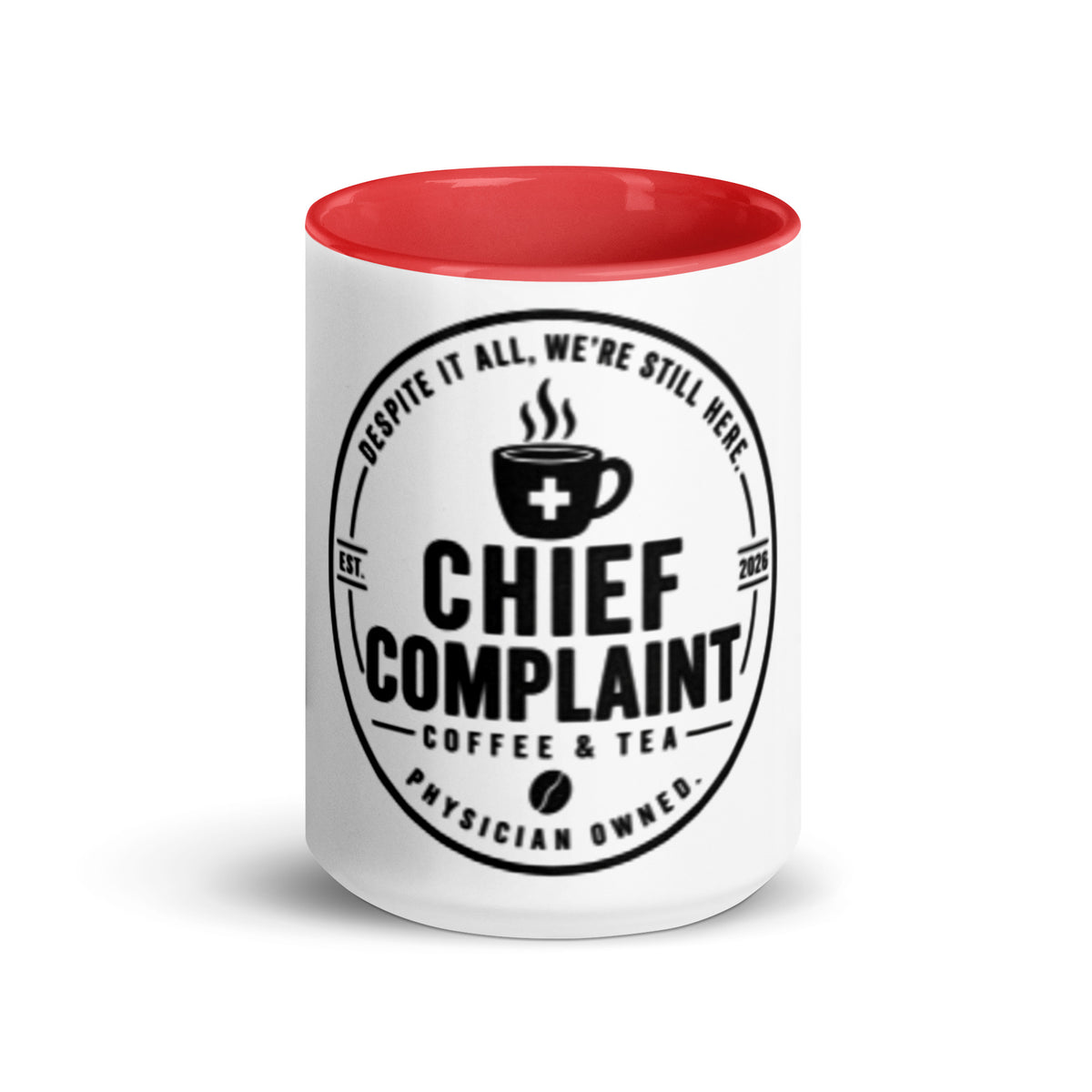 The Chief Complaint Mug, red and white 15 oz two tone ceramic mug, front view, physician owned