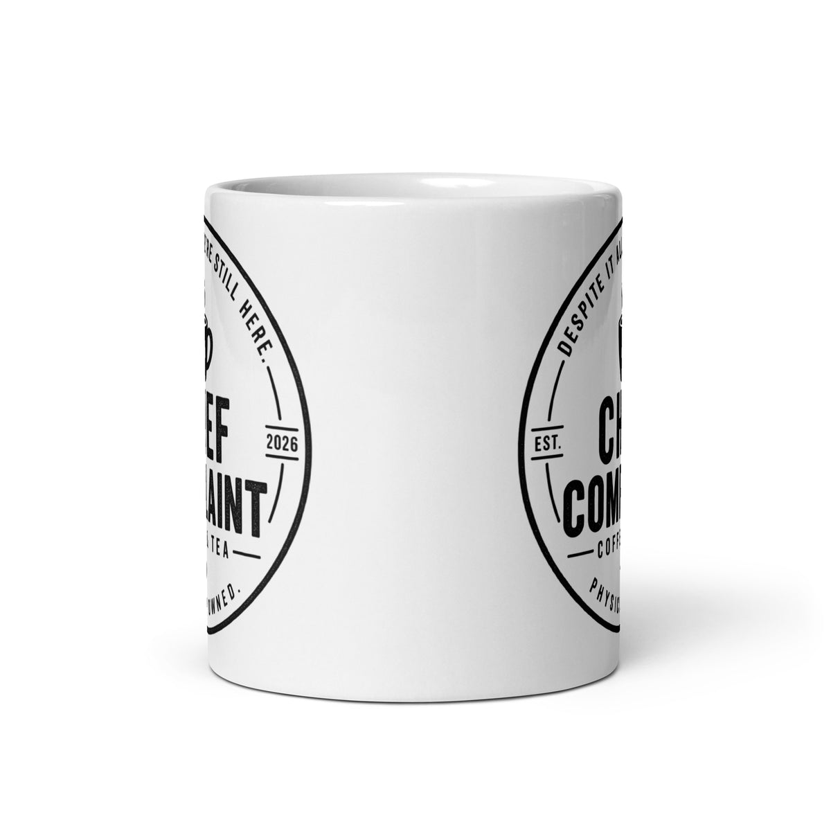 The Long Game Mug, white glossy 11 oz coffee mug, front view, physician owned