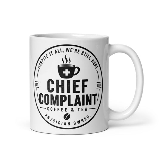 The Long Game Mug, white glossy 11 oz coffee mug, handle on right, physician owned