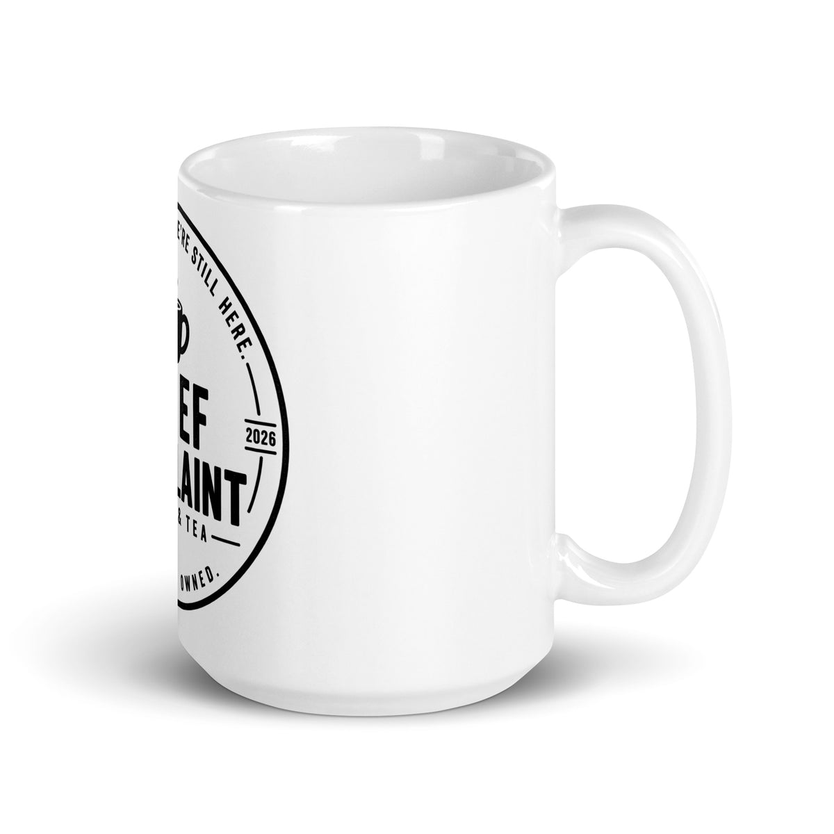 The Long Game Mug, white glossy 15 oz coffee mug, handle on right, physician owned