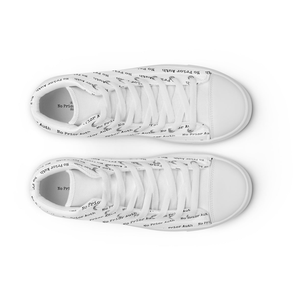 NO PRIOR AUTH High Tops, white canvas sneakers with repeating No Prior Auth print, front view, physician owned