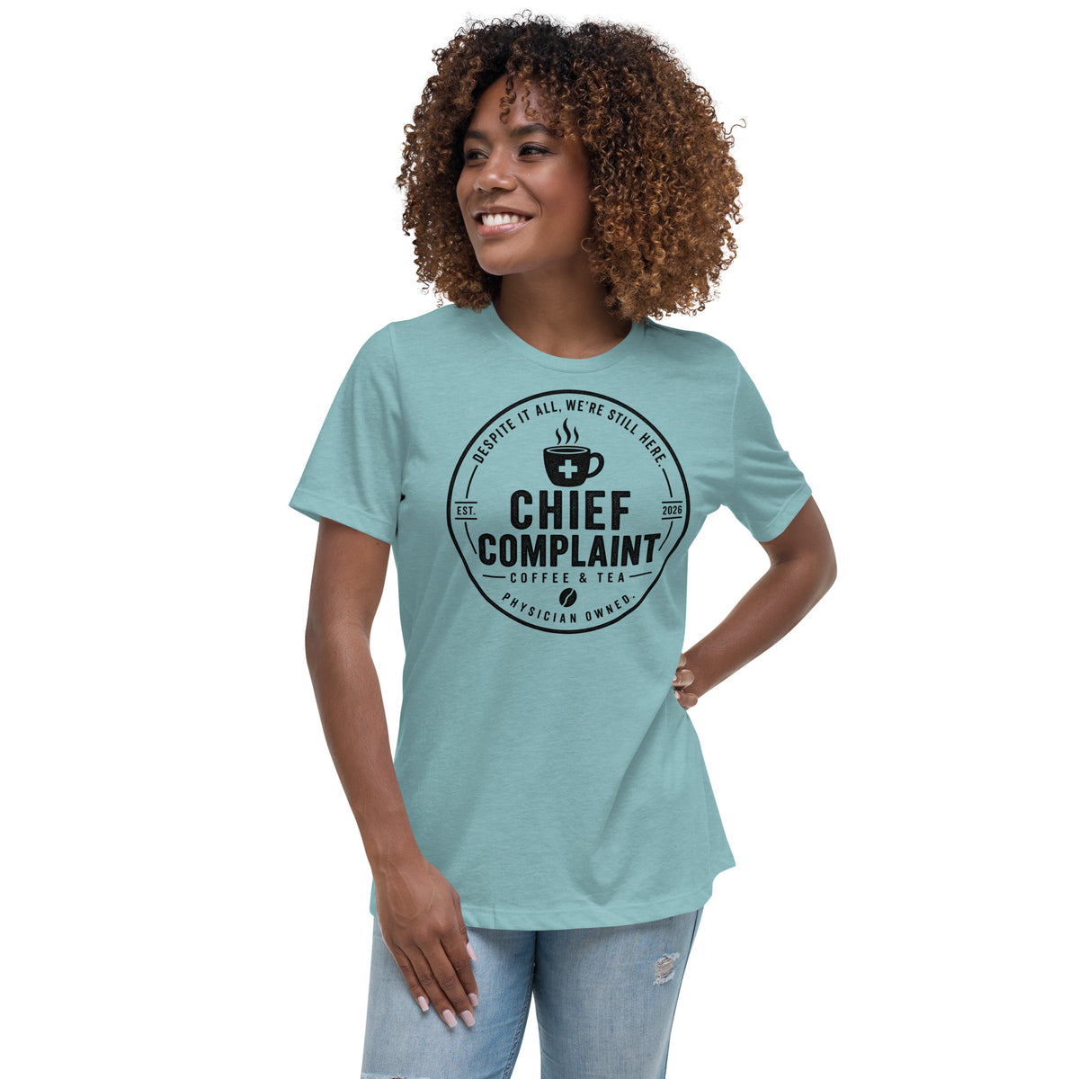 The Off Day Women's Tee in heather blue lagoon, relaxed fit t-shirt for women in healthcare, front view, physician owned