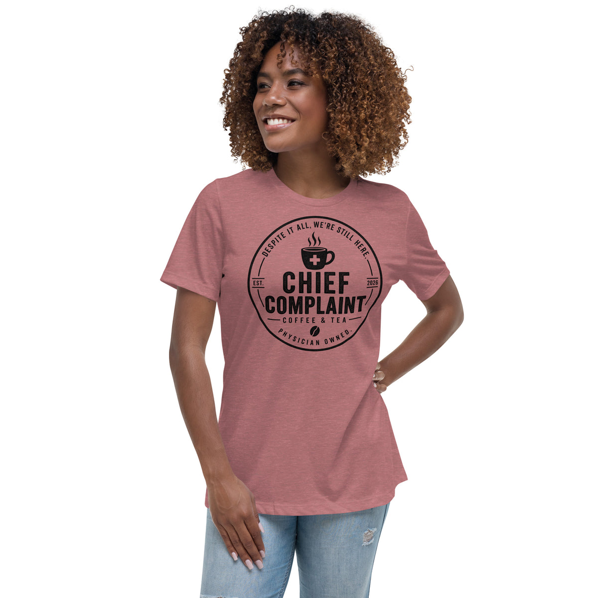 The Off Day Women's Tee in heather mauve, relaxed fit t-shirt for women in healthcare, front view, physician owned