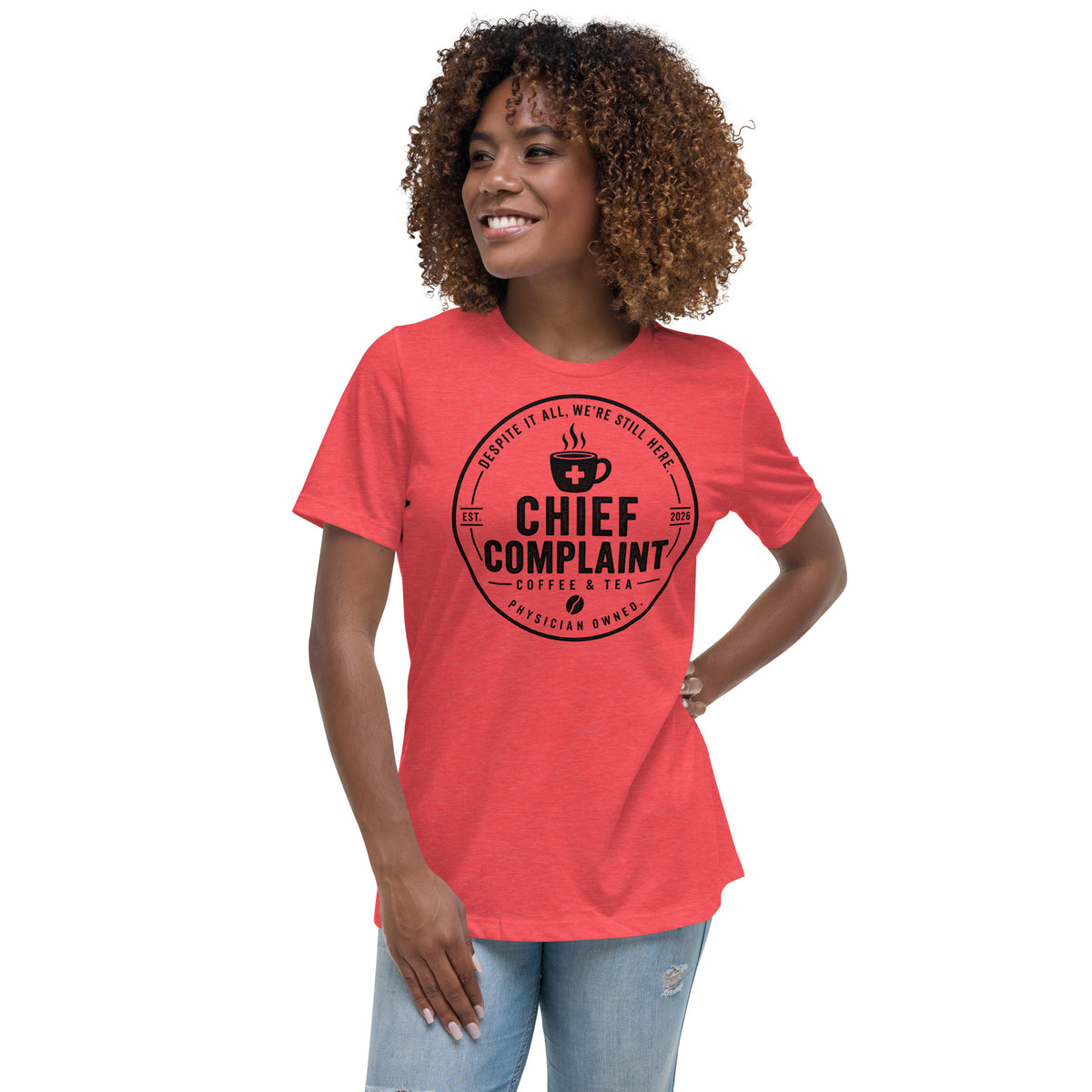 The Off Day Women's Tee in heather red, relaxed fit t-shirt for women in healthcare, front view, physician owned