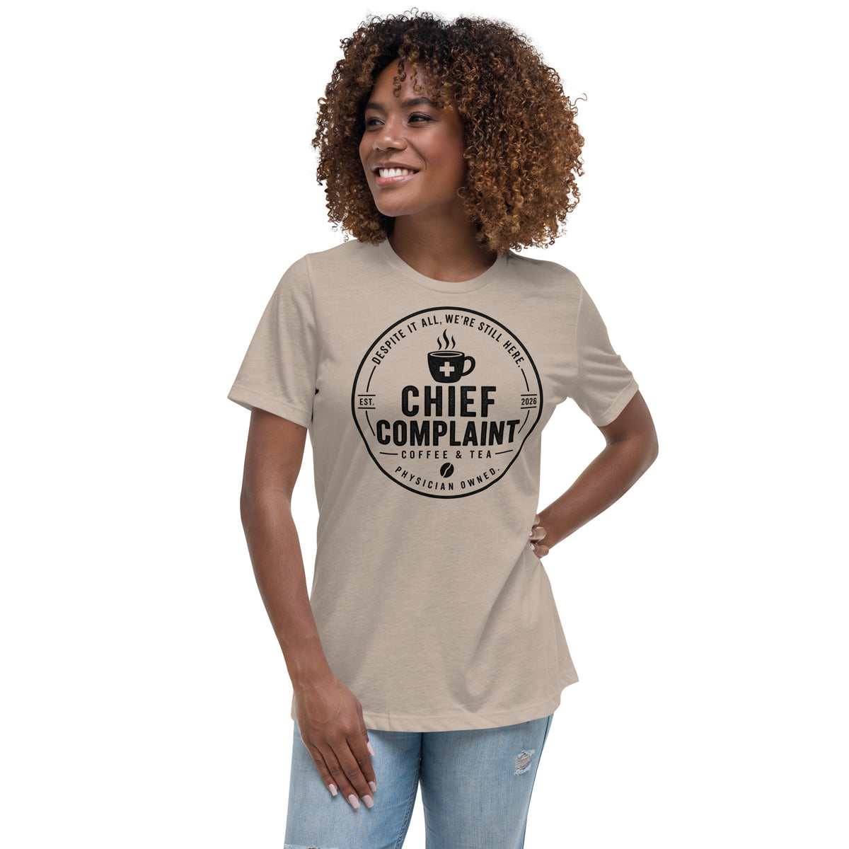 The Off Day Women's Tee in heather stone, relaxed fit t-shirt for women in healthcare, front view, physician owned