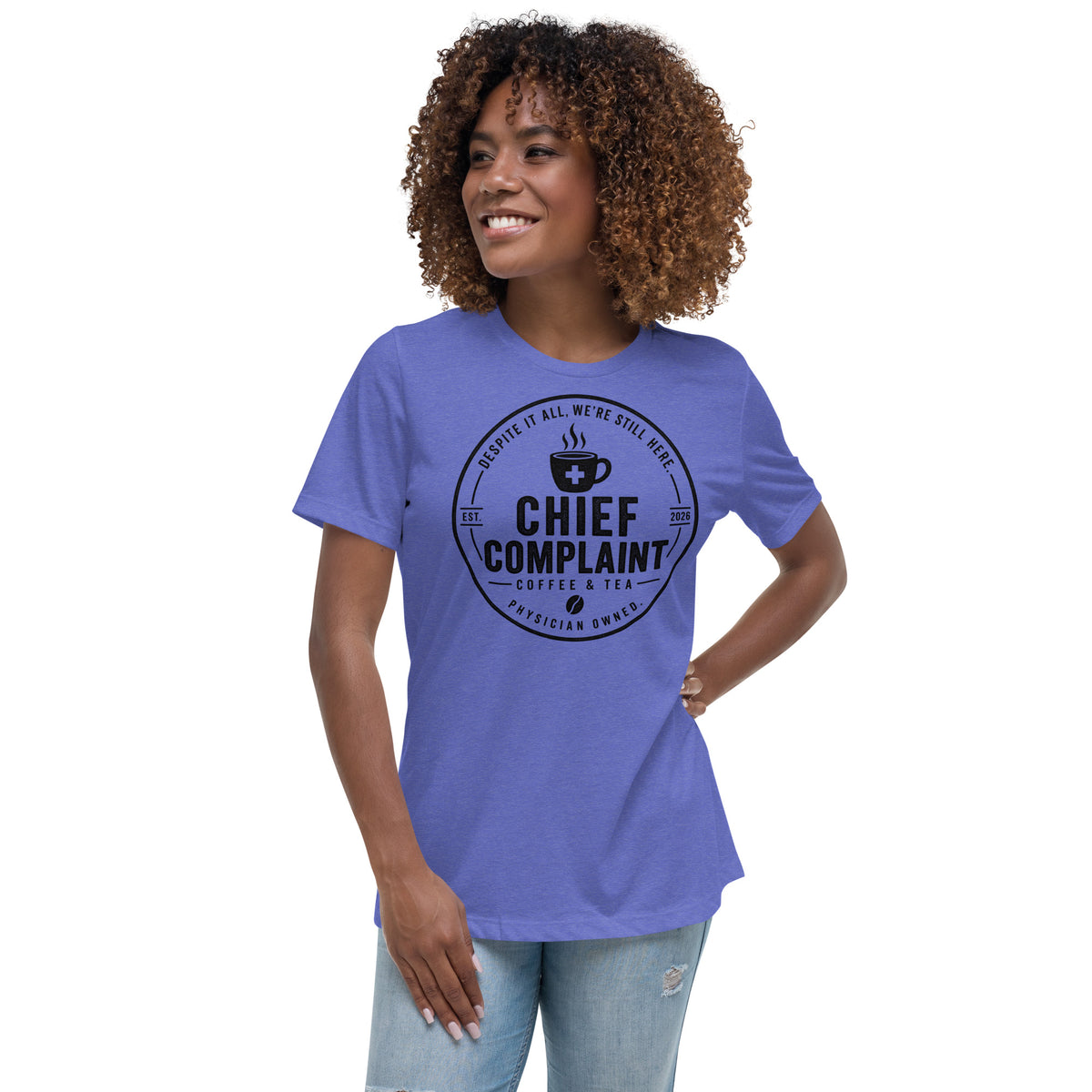 The Off Day Women's Tee in heather true royal, relaxed fit t-shirt for women in healthcare, front view, physician owned