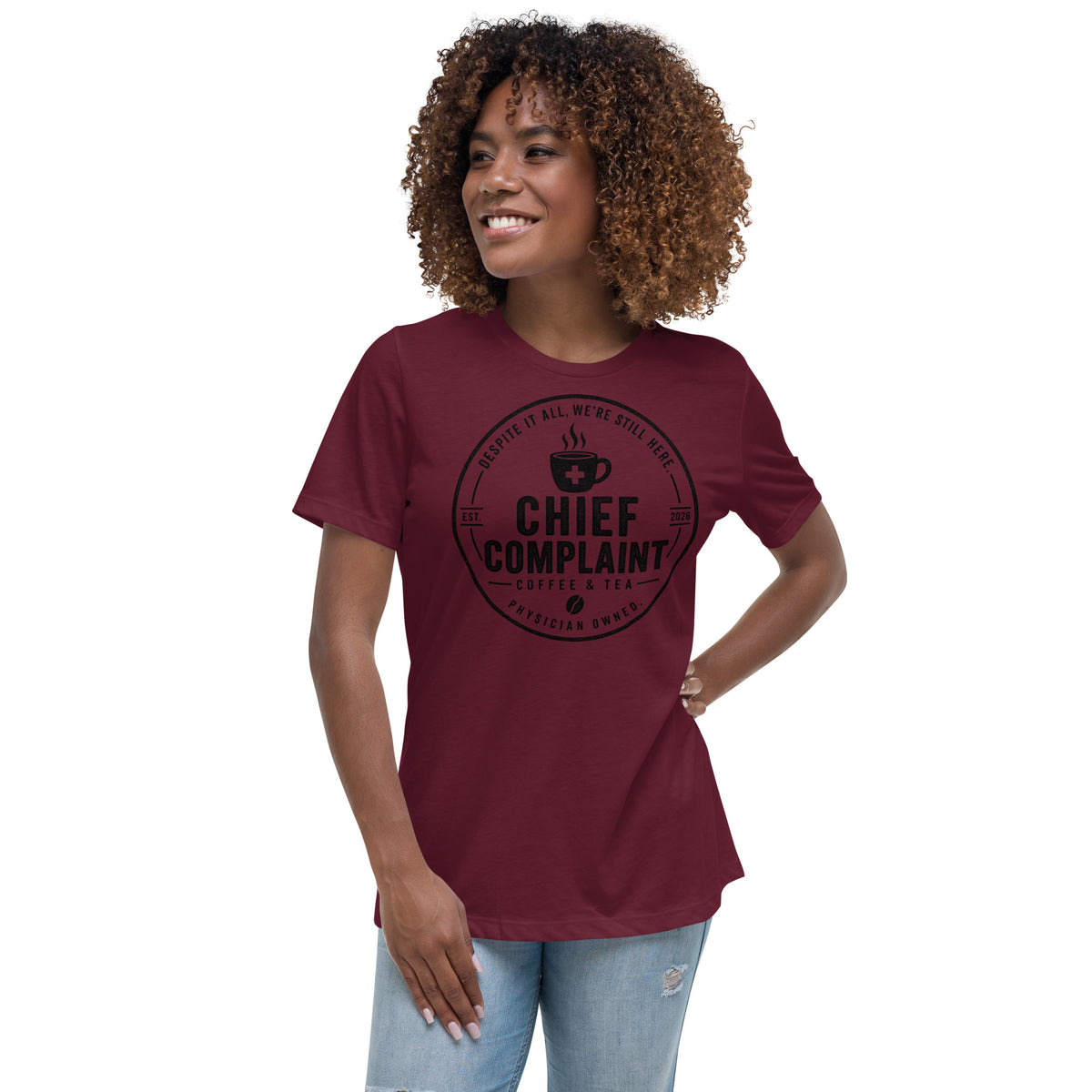 The Off Day Women's Tee in maroon, relaxed fit t-shirt for women in healthcare, front view, physician owned