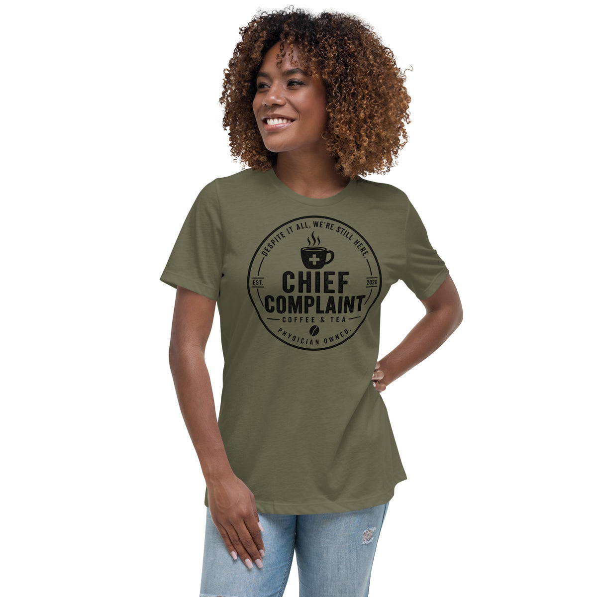 The Off Day Women's Tee in military green, relaxed fit t-shirt for women in healthcare, front view, physician owned