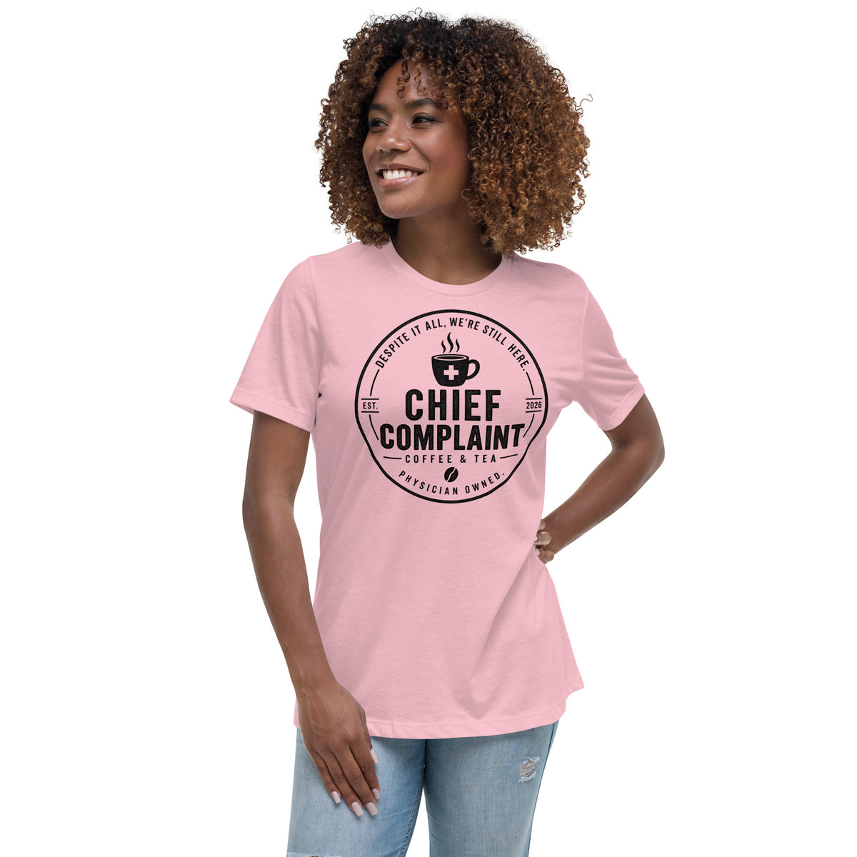 The Off Day Women's Tee in pink, relaxed fit t-shirt for women in healthcare, front view, physician owned