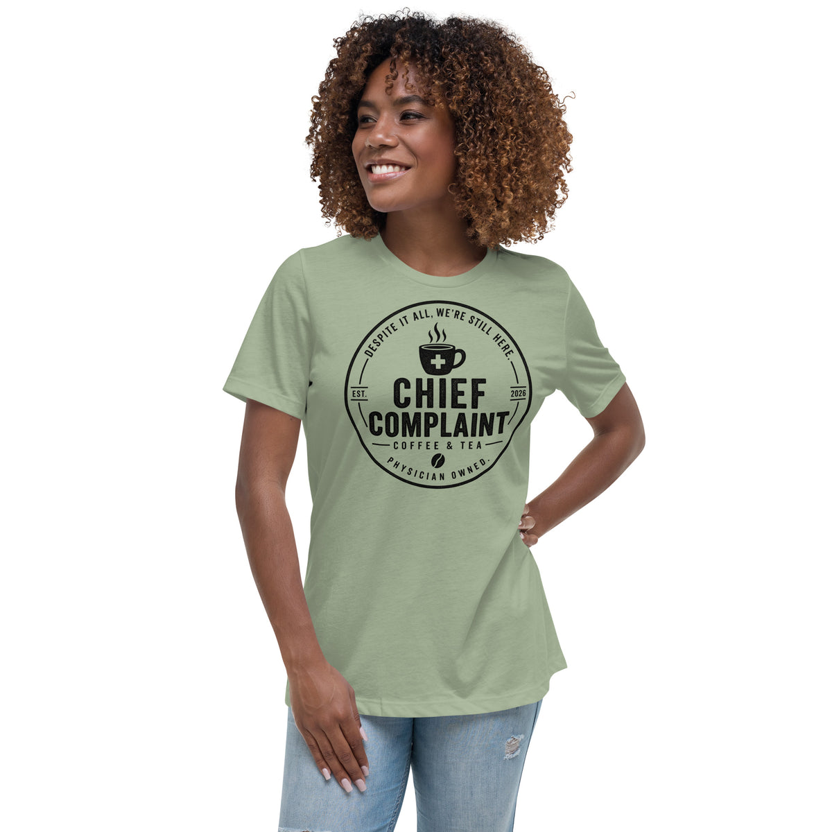 The Off Day Women's Tee in sage, relaxed fit t-shirt for women in healthcare, front view, physician owned