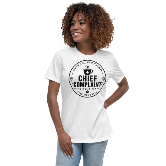 The Off Day Women's Tee in white, relaxed fit t-shirt for women in healthcare, front view, physician owned